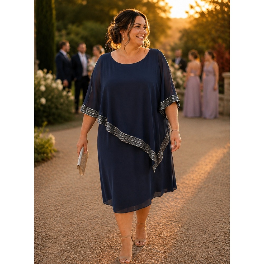 Ignite Evenings 14W Navy Cape Overlay Cocktail Dress